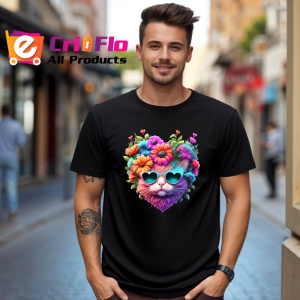 Tricou Pisica cu ochelari in forma de inima si flori roz Copii | Dama | Barbat, culoare negru - Img 6