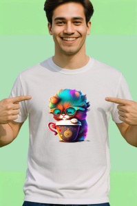 Tricou Pisica cu ochelari mari si cana cu aburi aurii Copii | Dama | Barbat - Img 2
