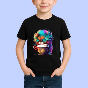 Tricou Pisica cu ochelari mari si cana cu aburi aurii Copii | Dama | Barbat, culoare negru