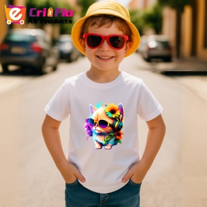 Tricou Pisica cu ochelari si casti turcoaz fundal alb Copii | Dama | Barbat