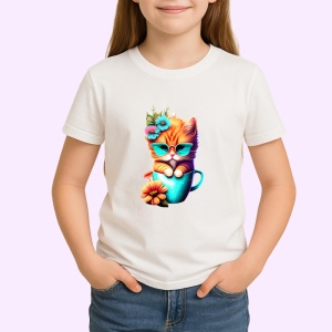 Tricou Pisica cu ochelari si flori intr o cana albastra Copii | Dama | Barbat