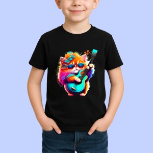 Tricou Pisica curcubeu cu chitara electrica si flori albastre Copii | Dama | Barbat, culoare negru - Img 4