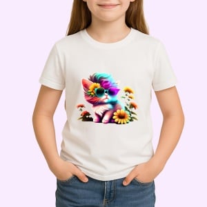 Tricou Pisica curcubeu cu flori si ochelari fundal negru Copii | Dama | Barbat - Img 4