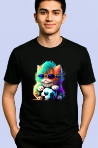 Tricou Pisica curcubeu cu minge si efecte luminoase Copii | Dama | Barbat, culoare negru - Img 2