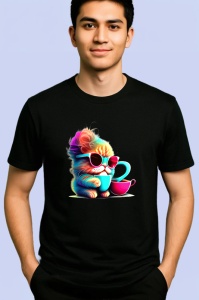 Tricou Pisica curcubeu cu ochelari si cana roz Copii | Dama | Barbat, culoare negru - Img 2