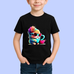 Tricou Pisica curcubeu cu ochelari si cana roz Copii | Dama | Barbat, culoare negru - Img 4