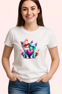 Tricou Pisica curcubeu pe luna aurie si flori fundal alb Copii | Dama | Barbat - Img 3