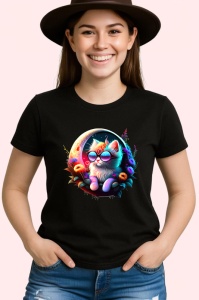 Tricou Pisica curcubeu pe luna cu ochelari si flori fundal alb Copii | Dama | Barbat, culoare negru - Img 3