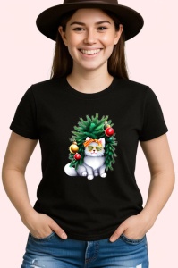 Tricou Pisica decorata cu globuri si ochelari de soare Copii | Dama | Barbat, culoare negru - Img 3