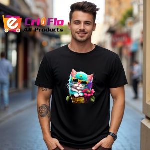 Tricou Pisica fashion in cos cu ochelari si floare mare Copii | Dama | Barbat, culoare negru - Img 5