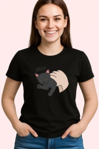 Tricou Pisica Gri Amuzanta Hello Fundal Inchis, din bumbac 100%, tricou negru Copii | Dama | Barbat