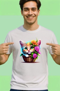 Tricou Pisica in cos cu flori imagine adorabila si vesela Copii | Dama | Barbat - Img 2