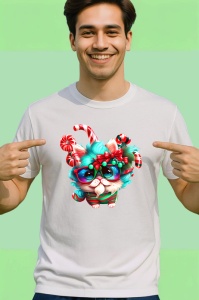 Tricou Pisica in pijama Craciun cu baston si decoratii Copii | Dama | Barbat - Img 2