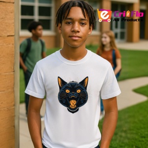 Tricou Pisica neagra cu dinti mari si fundal alb Copii | Dama | Barbat - Img 5
