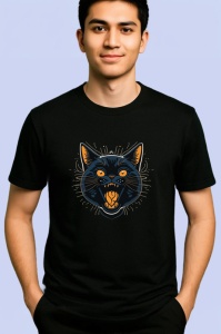 Tricou Pisica neagra cu dinti mari si fundal alb Copii | Dama | Barbat, culoare negru - Img 2