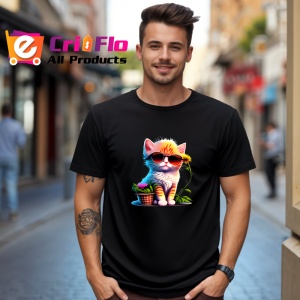Tricou Pisica portocalie cu ochelari si fundal alb albastru Copii | Dama | Barbat, culoare negru - Img 6