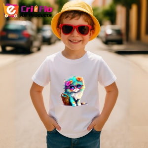 Tricou Pisica pufoasa alba cu ochelari si flori colorate Copii | Dama | Barbat - Img 10