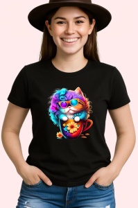Tricou Pisica pufoasa cu flori si cana rosie Copii | Dama | Barbat, culoare negru - Img 3