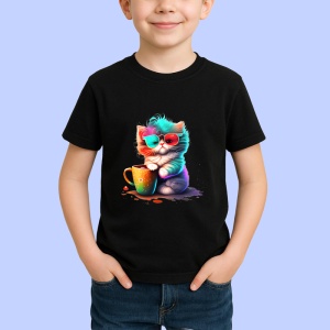 Tricou Pisica pufoasa cu ochelari si cana portocalie Copii | Dama | Barbat, culoare negru - Img 4