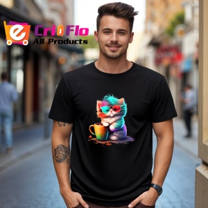 Tricou Pisica pufoasa cu ochelari si cana portocalie Copii | Dama | Barbat, culoare negru - Img 6