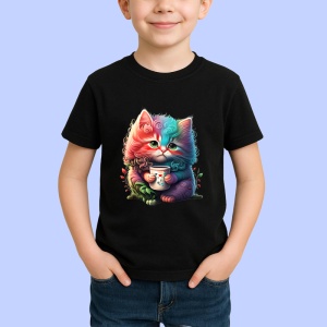Tricou Pisica roz cu cana si flori fundal artistic Copii | Dama | Barbat, culoare negru - Img 4