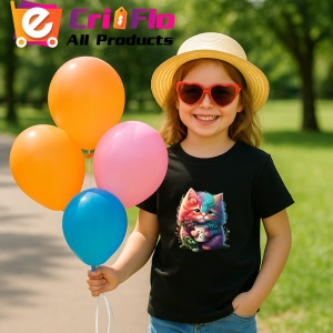 Tricou Pisica roz cu cana si flori fundal artistic Copii | Dama | Barbat, culoare negru - Img 10