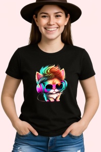 Tricou Pisica stil disco cu ochelari mari si casti colorate Copii | Dama | Barbat, culoare negru