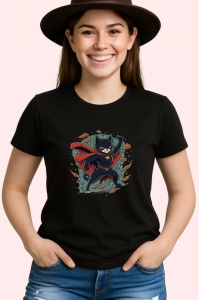 Tricou Pisica supererou cu pelerina rosie si stea aurie Copii | Dama | Barbat, culoare negru - Img 3