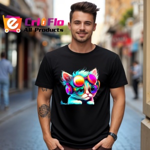 Tricou Pisica techno cu ochelari roz si casti mov Copii | Dama | Barbat, culoare negru - Img 6