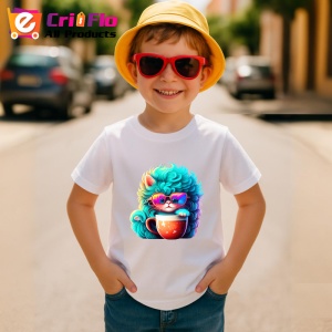 Tricou Pisica turcoaz cu ochelari si cana rosie fundal alb Copii | Dama | Barbat - Img 10