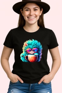 Tricou Pisica turcoaz cu ochelari si cana rosie fundal alb Copii | Dama | Barbat, culoare negru - Img 3