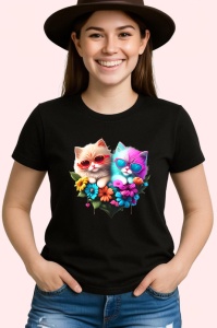 Tricou Pisici indragostite cu ochelari si inima roz violet Copii | Dama | Barbat, culoare negru