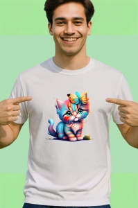 Tricou Pisicuta adorabila cu ochi mari si flori pastel Copii | Dama | Barbat - Img 2