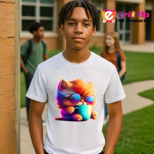 Tricou Pisicuta cu blana curcubeu si cana fundal galben Copii | Dama | Barbat - Img 4