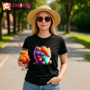 Tricou Pisicuta cu blana curcubeu si cana fundal galben Copii | Dama | Barbat, culoare negru - Img 7