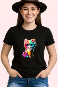 Tricou Pisicuta cu cana cafea si flori mov galbene Copii | Dama | Barbat, culoare negru - Img 3