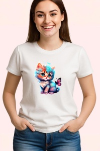 Tricou Pisicuta cu coada albastra si fluture fundal curat Copii | Dama | Barbat - Img 3