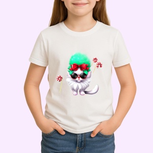 Tricou Pisicuta cu fundita rosu si baston zahar verde Copii | Dama | Barbat