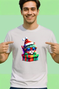 Tricou Pisicuta cu ochelari si cadou Craciun fundal negru Copii | Dama | Barbat - Img 2