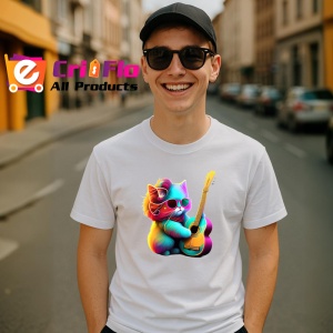 Tricou Pisicuta curcubeu cu chitara fundal alb Copii | Dama | Barbat - Img 5