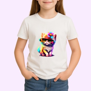 Tricou Pisicuta curcubeu cu floare si fundal alb Copii | Dama | Barbat - Img 3