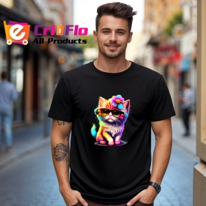 Tricou Pisicuta curcubeu cu floare si fundal alb Copii | Dama | Barbat, culoare negru - Img 6