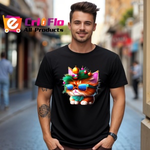 Tricou Pisicuta festiva cu ochelari si globuri stralucitoare Copii | Dama | Barbat, culoare negru - Img 6