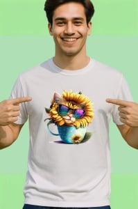 Tricou Pisicuta gri cu floarea soarelui si cana curcubeu Copii | Dama | Barbat - Img 2