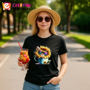 Tricou Pisicuta gri cu floarea soarelui si cana curcubeu Copii | Dama | Barbat, culoare negru - Img 7