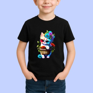 Tricou Pisicuta in cos cu ochelari de soare si flori Copii | Dama | Barbat, culoare negru - Img 4