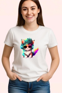 Tricou Pisicuta tigrata cu ochelari si flori in par Copii | Dama | Barbat