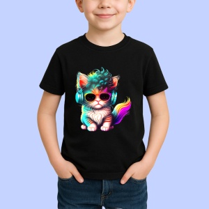 Tricou Pisicuta tigrata cu ochelari si flori in par Copii | Dama | Barbat, culoare negru - Img 3
