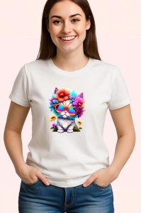 Tricou Pisicuta turcoaz cu flori si ochelari colorati Copii | Dama | Barbat - Img 3