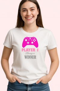 Tricou Player 1 Always Winner Controller Roz Jocuri, din bumbac 100% , tricou alb pentru Copii | Dama | Barbat - Img 2